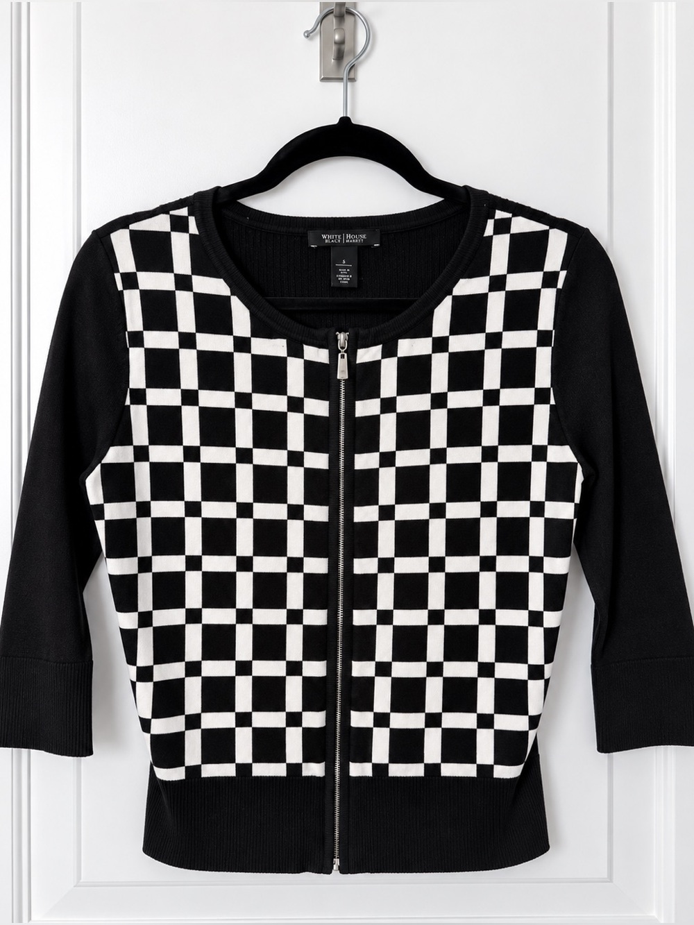 White House Black Market Black White Checkered Zip Cardigan Size Medium